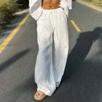 Elegant Cotton Linen Baggy Pants Fashion Women High Waist Drawstring Pocket Loose Wide Leg Pant Casual Streetwear New Trousers