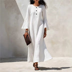 Cotton Linen Maxi Dress For Women Spring Fall Casual O Neck Buttoned Trumpeted Long-sleeve Loose Wide Hem Vacation Dresses Woman