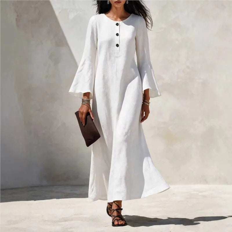 Cotton Linen Maxi Dress For Women Spring Fall Casual O Neck Buttoned Trumpeted Long-sleeve Loose Wide Hem Vacation Dresses Woman
