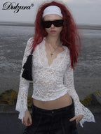 Dulzura V-Neck Long Slit Flare Sleeves Lace T-Shirt See Through Sexy Crop Top Party Clubwear Autumn Winter Y2K