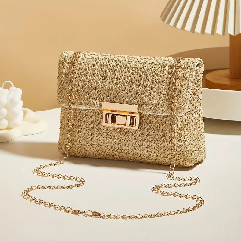 Lightweight Straw Woven Crossbody Bag with Gold Chain Strap Lock Clasp, fashion women Summer Shoulder Purse for Beach Casual