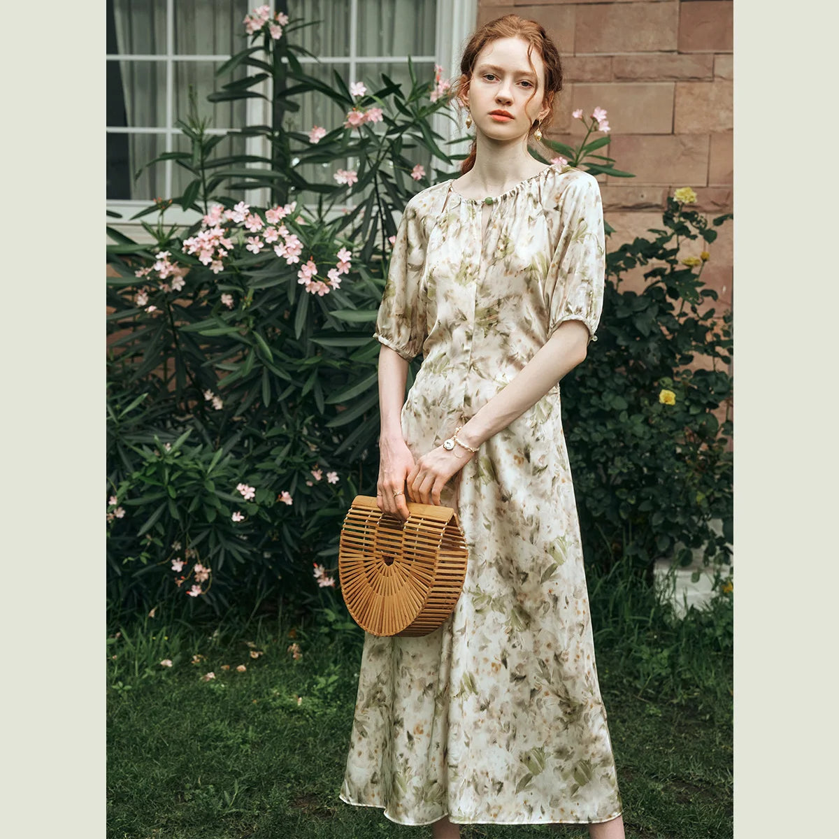 ‌OLrain Women Floral Satin Maxi Dress 2026 Casual Vintage Rushed Cinched Waist Elegant Dresses Woman Clothing Summer O24XL92293