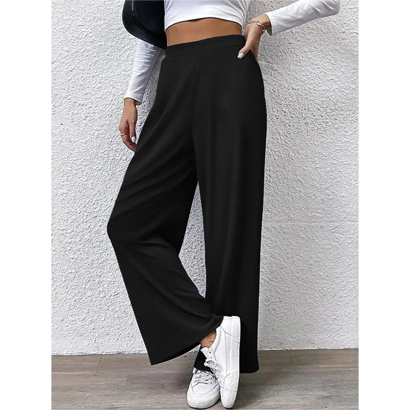 2025 Casual Straight Leg Pants Women Elastic Waist Stretchy Slimming Solid Black Office Daily Trousers