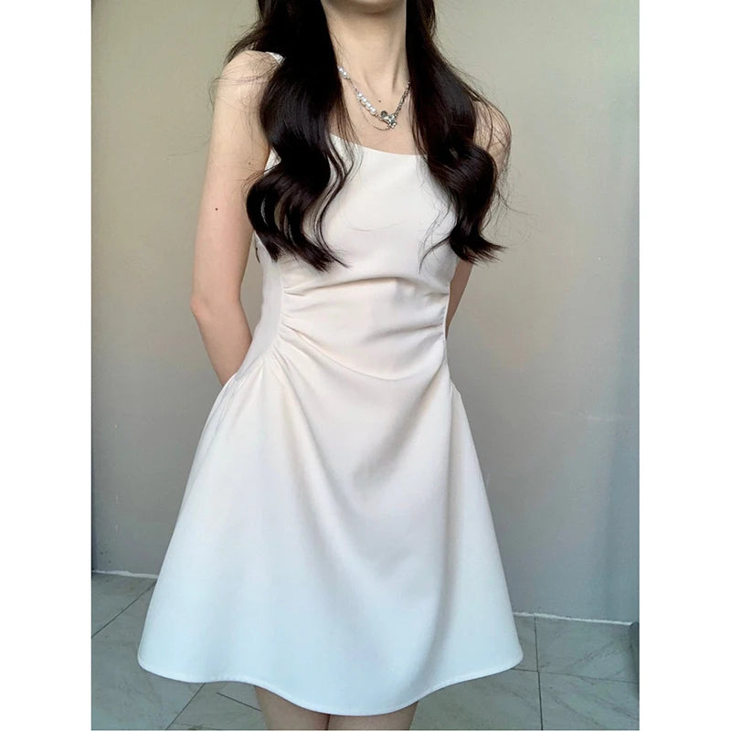 Women Classic Black White Suspender Dress Elegant Lady Daily Temperament A-line Mini Dresses Female Fashion Party Waist Dress
