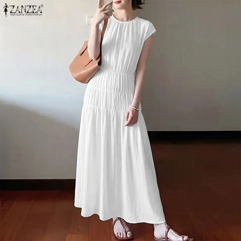 Bohemian Long Dress Woman Casual Loose Solid Color Sundress 2026 ZANZEA 5XL Fashion Summer Beach Vestidos Ruffles Long Robe