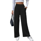 2025 Casual Straight Leg Pants Women Elastic Waist Stretchy Slimming Solid Black Office Daily Trousers