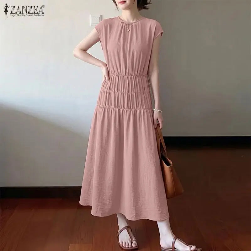 Bohemian Long Dress Woman Casual Loose Solid Color Sundress 2026 ZANZEA 5XL Fashion Summer Beach Vestidos Ruffles Long Robe