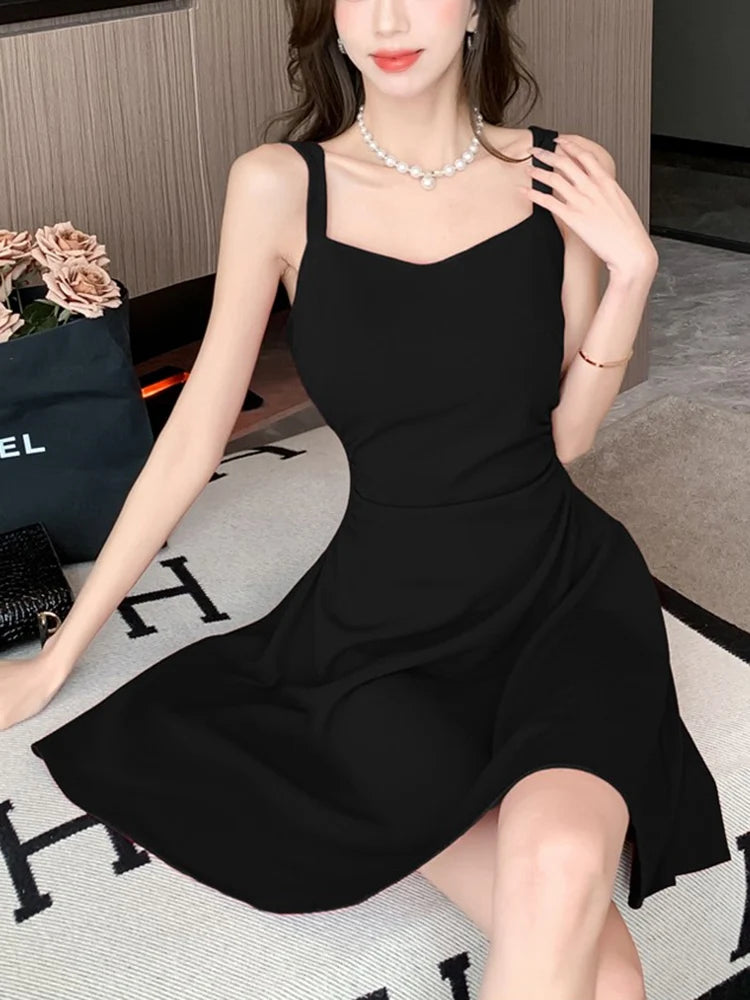 Women Classic Black White Suspender Dress Elegant Lady Daily Temperament A-line Mini Dresses Female Fashion Party Waist Dress