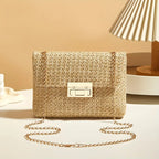 Lightweight Straw Woven Crossbody Bag with Gold Chain Strap Lock Clasp, fashion women Summer Shoulder Purse for Beach Casual
