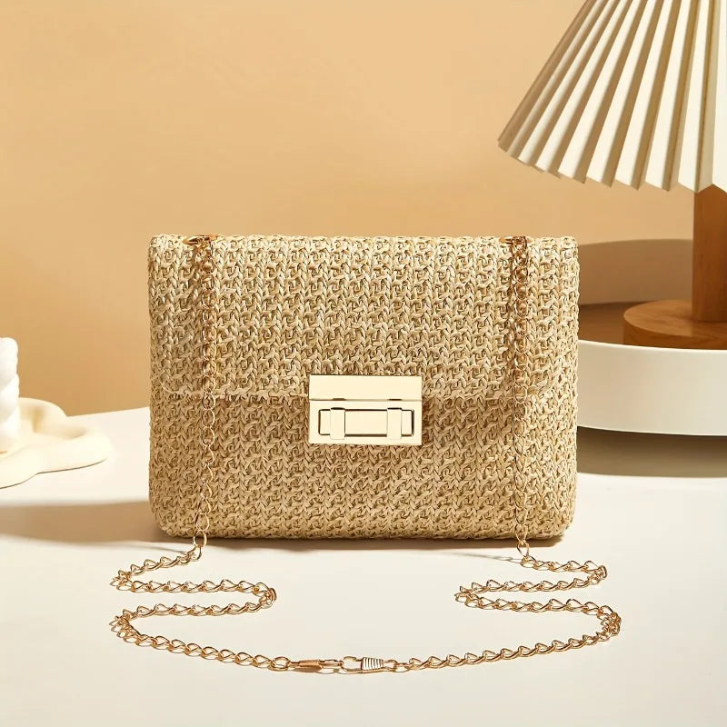 Lightweight Straw Woven Crossbody Bag with Gold Chain Strap Lock Clasp, fashion women Summer Shoulder Purse for Beach Casual
