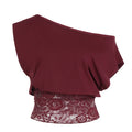 SUCHCUTE Elegant Sexy Inclined-Shoulder Lace Patchwork Waist-Defining T-Shirt Women'S Short-Sleeve Tee Y2K Top Summer Party Club