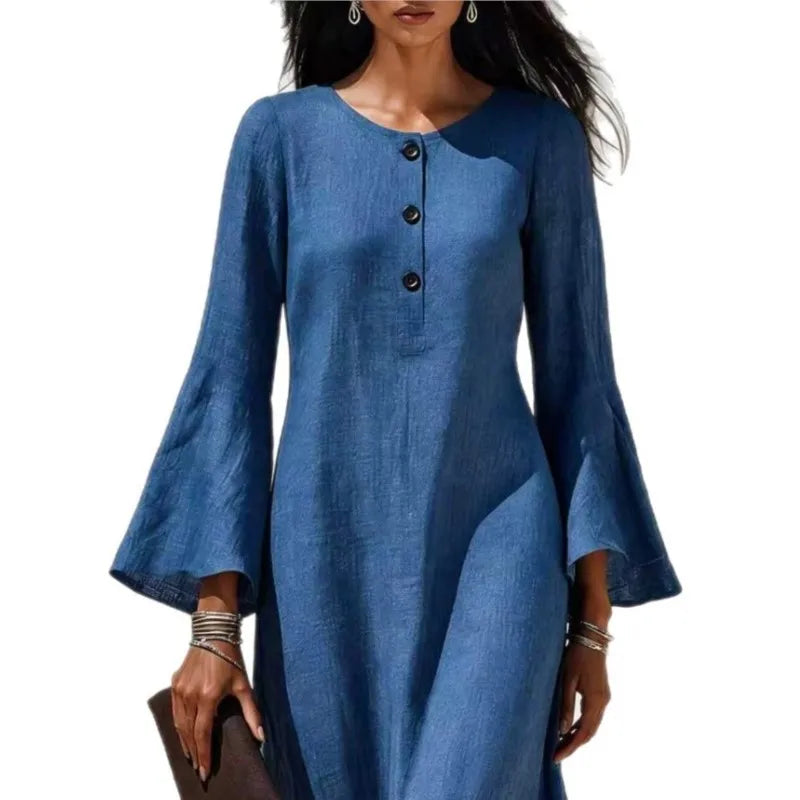 Cotton Linen Maxi Dress For Women Spring Fall Casual O Neck Buttoned Trumpeted Long-sleeve Loose Wide Hem Vacation Dresses Woman