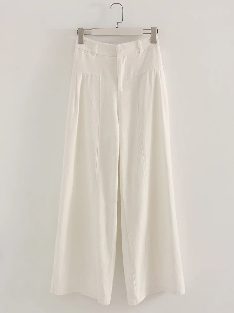White Cotton Linen Pants Women Wide Leg Formal Trousers Summer Straight Leg Suit Pants High Waist Ladies Formal Pants Loose
