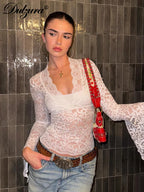 Dulzura V-Neck Long Slit Flare Sleeves Lace T-Shirt See Through Sexy Crop Top Party Clubwear Autumn Winter Y2K
