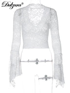 Dulzura V-Neck Long Slit Flare Sleeves Lace T-Shirt See Through Sexy Crop Top Party Clubwear Autumn Winter Y2K