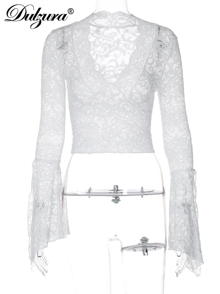Dulzura V-Neck Long Slit Flare Sleeves Lace T-Shirt See Through Sexy Crop Top Party Clubwear Autumn Winter Y2K