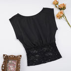 SUCHCUTE Elegant Sexy Inclined-Shoulder Lace Patchwork Waist-Defining T-Shirt Women'S Short-Sleeve Tee Y2K Top Summer Party Club