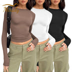 2026 Spring Autumn Women Y2K Pink T-Shirt Causal Long Sleeve Crop Tops O Neck Pullovers Base Tees Bodycon Slim Fit T Shirt