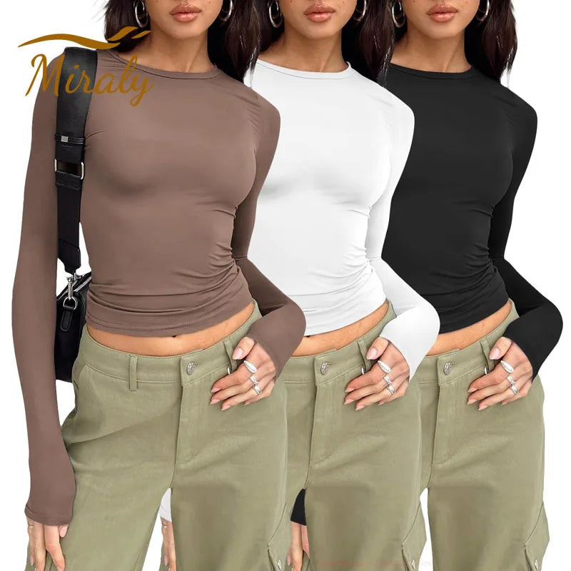 2026 Spring Autumn Women Y2K Pink T-Shirt Causal Long Sleeve Crop Tops O Neck Pullovers Base Tees Bodycon Slim Fit T Shirt