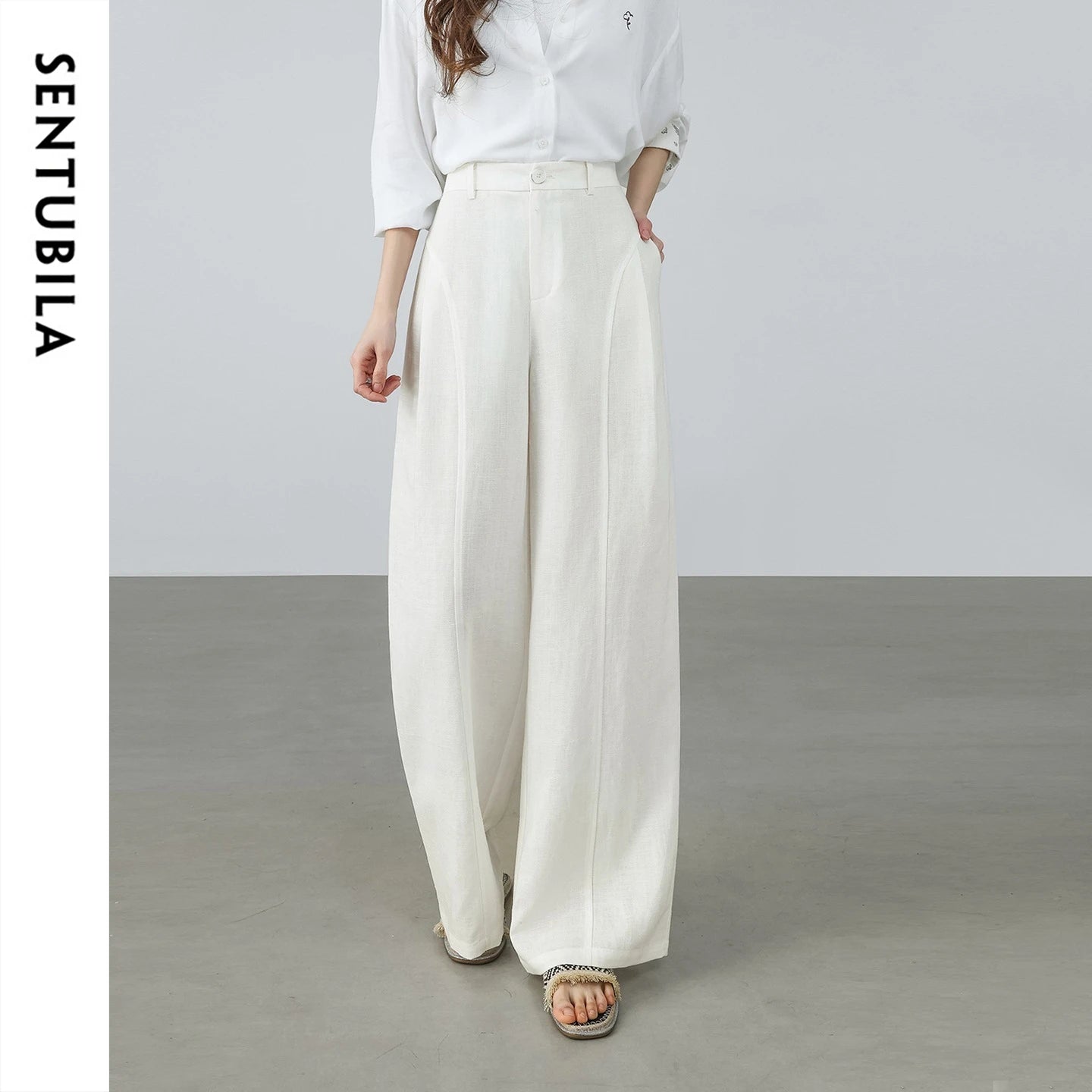 SENTUBILA Women's White Pants Linen Lyocell Blend Wide Leg Trousers 2026 Spring Ladies Trending High Waist Long Pant 161K80360