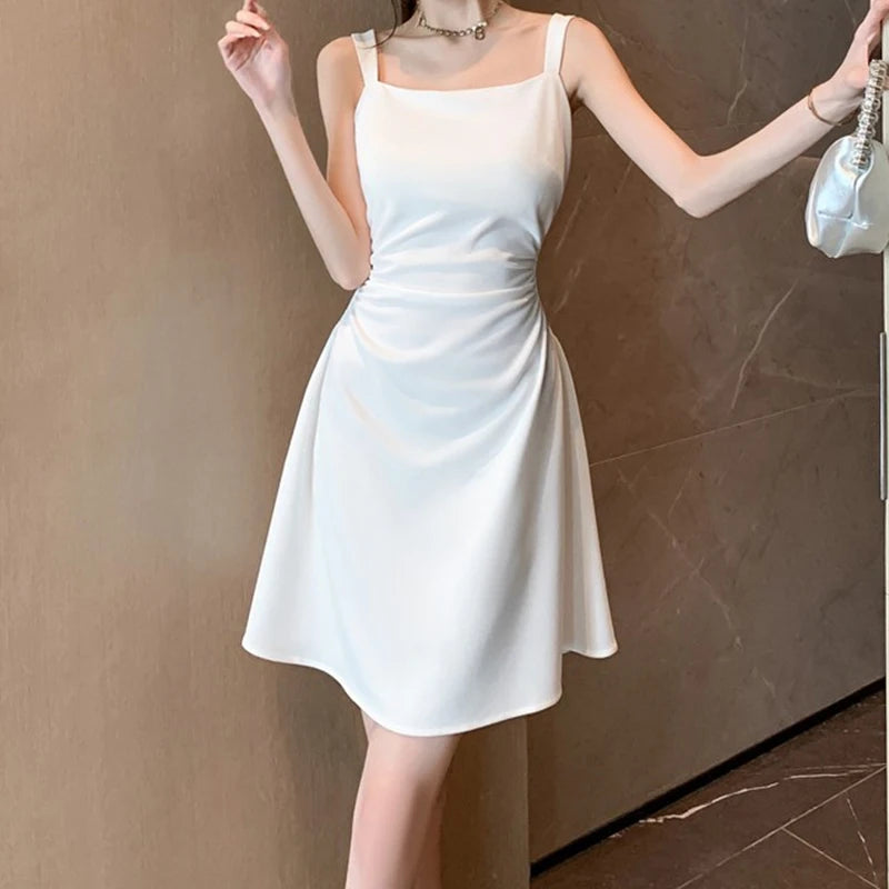 Women Classic Black White Suspender Dress Elegant Lady Daily Temperament A-line Mini Dresses Female Fashion Party Waist Dress