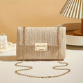 Lightweight Straw Woven Crossbody Bag with Gold Chain Strap Lock Clasp, fashion women Summer Shoulder Purse for Beach Casual