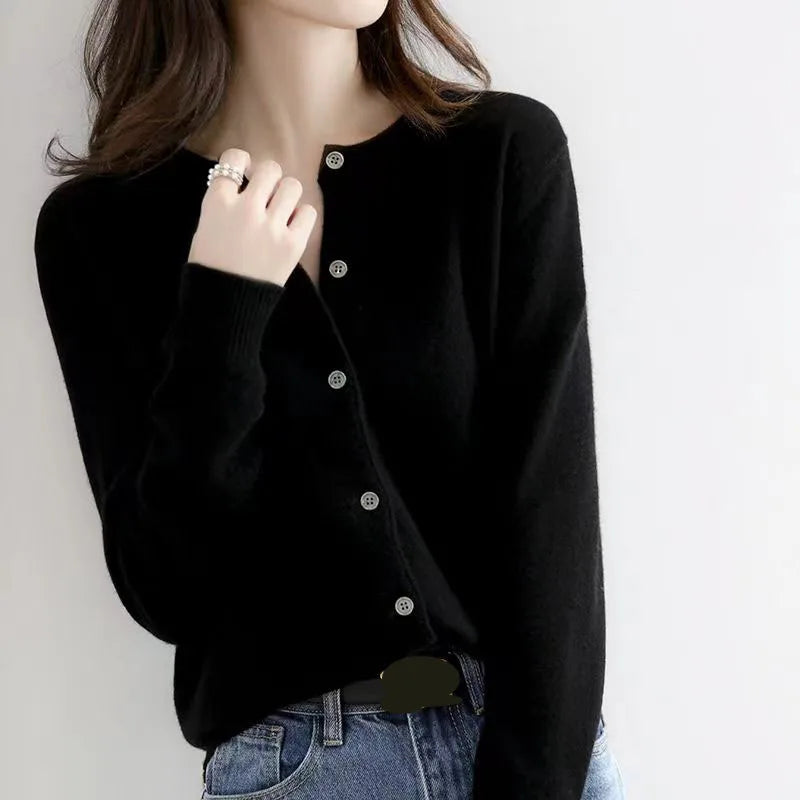 Korean Single Breasted Cardigans Sweater Women Autumn Winter O-neck Long Sleeve Knitwear Female Basic Solid Color Soft Sweaters