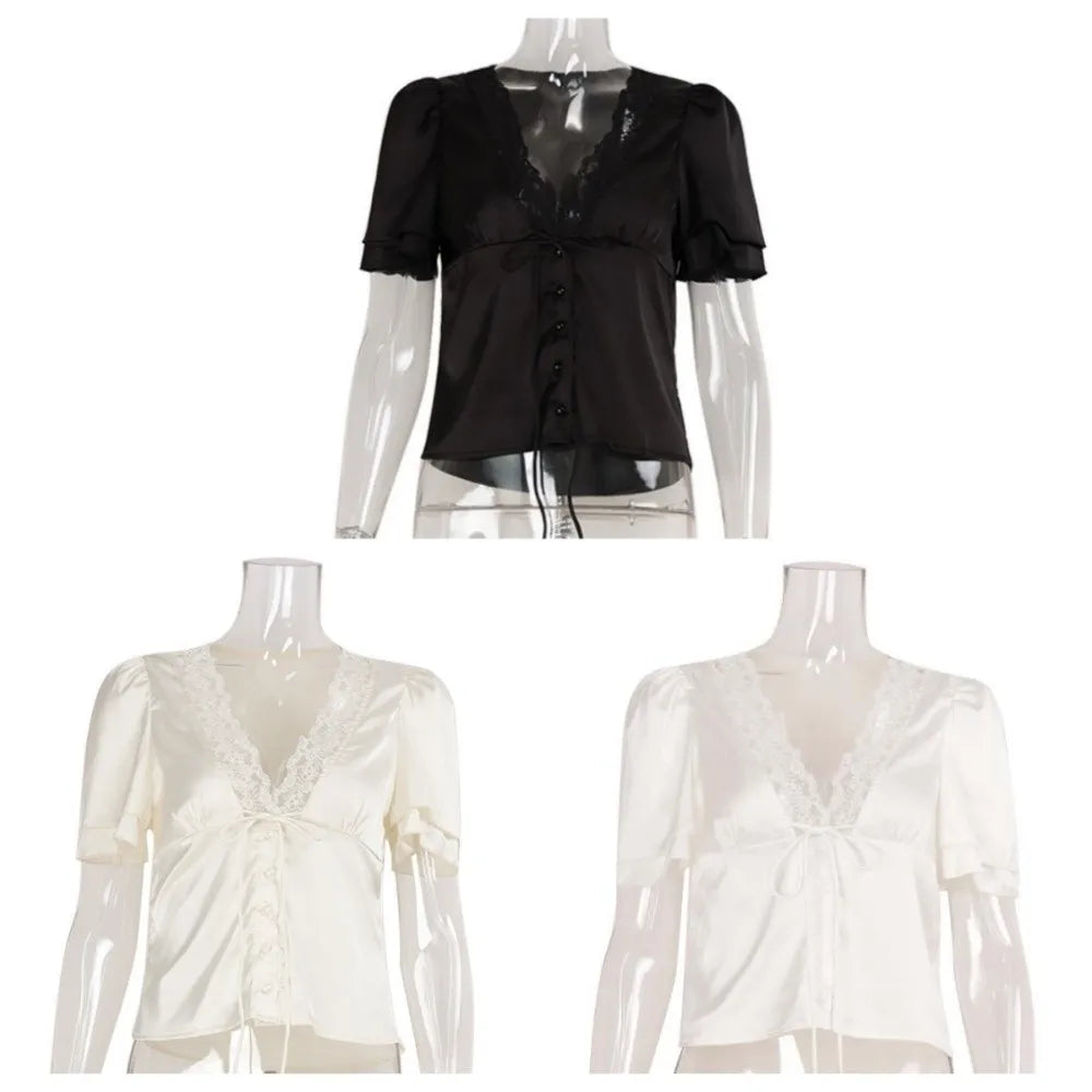 Short Sleeve Lace Patchwork Tops Solid Color Breathable V Neck Sheath Tees French Style Comfortable Shirt Blouse Daily Wear