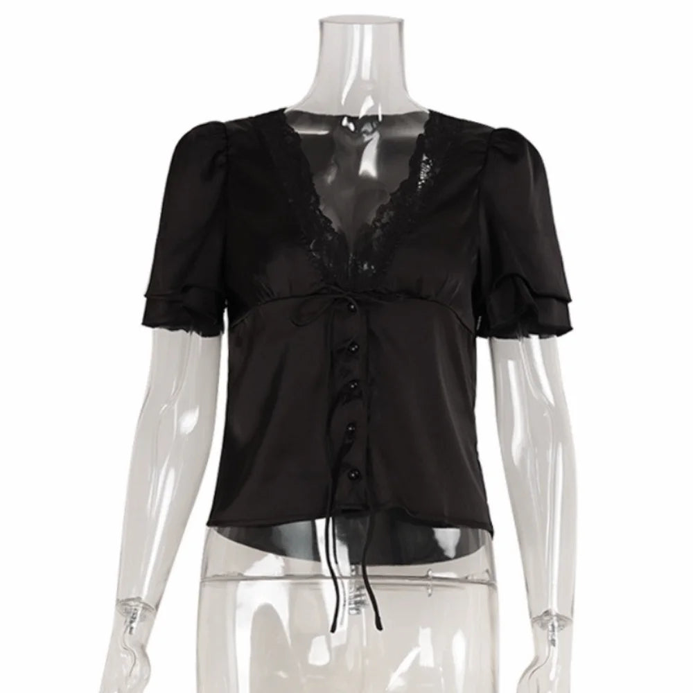 Short Sleeve Lace Patchwork Tops Solid Color Breathable V Neck Sheath Tees French Style Comfortable Shirt Blouse Daily Wear