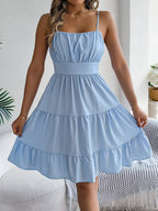 Casual Vacation Ruffled Camisole Dress Spring Summer Women's Solid Dresses for 2026 Valentine's Day Woman Clothing Pink Blue