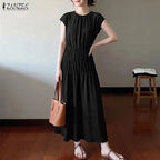 Bohemian Long Dress Woman Casual Loose Solid Color Sundress 2026 ZANZEA 5XL Fashion Summer Beach Vestidos Ruffles Long Robe