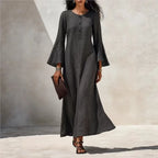 Cotton Linen Maxi Dress For Women Spring Fall Casual O Neck Buttoned Trumpeted Long-sleeve Loose Wide Hem Vacation Dresses Woman