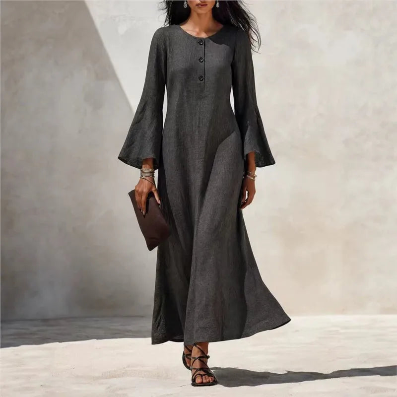 Cotton Linen Maxi Dress For Women Spring Fall Casual O Neck Buttoned Trumpeted Long-sleeve Loose Wide Hem Vacation Dresses Woman