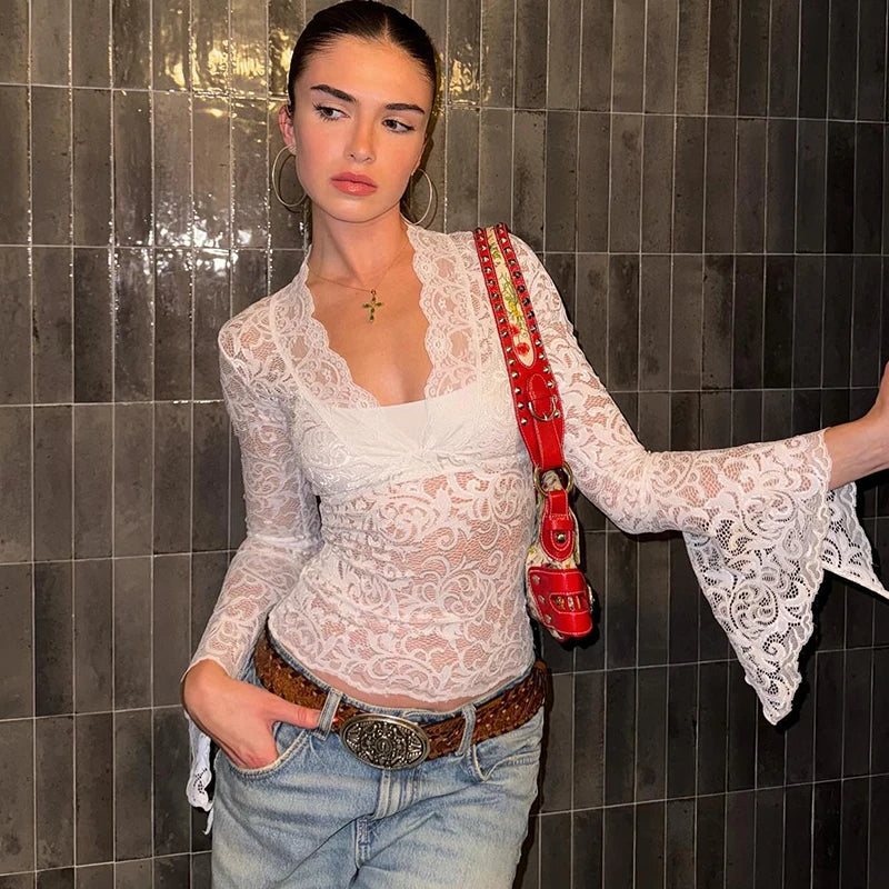 Dulzura V-Neck Long Slit Flare Sleeves Lace T-Shirt See Through Sexy Crop Top Party Clubwear Autumn Winter Y2K