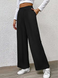 2025 Casual Straight Leg Pants Women Elastic Waist Stretchy Slimming Solid Black Office Daily Trousers
