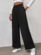 2025 Casual Straight Leg Pants Women Elastic Waist Stretchy Slimming Solid Black Office Daily Trousers