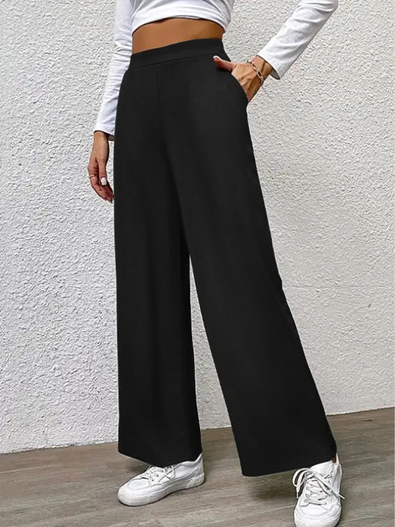2025 Casual Straight Leg Pants Women Elastic Waist Stretchy Slimming Solid Black Office Daily Trousers