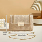 Lightweight Straw Woven Crossbody Bag with Gold Chain Strap Lock Clasp, fashion women Summer Shoulder Purse for Beach Casual