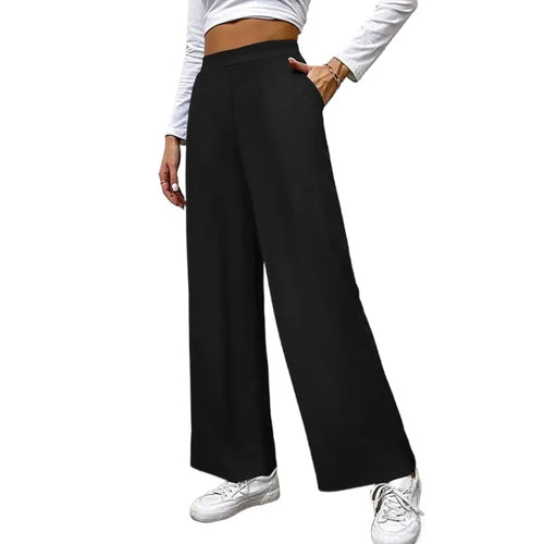 2025 Casual Straight Leg Pants Women Elastic Waist Stretchy Slimming Solid Black Office Daily Trousers
