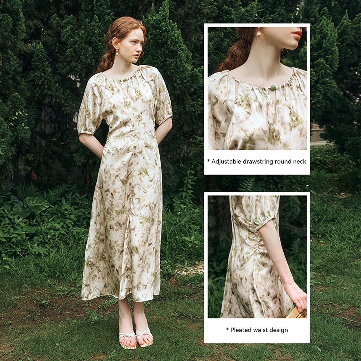 ‌OLrain Women Floral Satin Maxi Dress 2026 Casual Vintage Rushed Cinched Waist Elegant Dresses Woman Clothing Summer O24XL92293