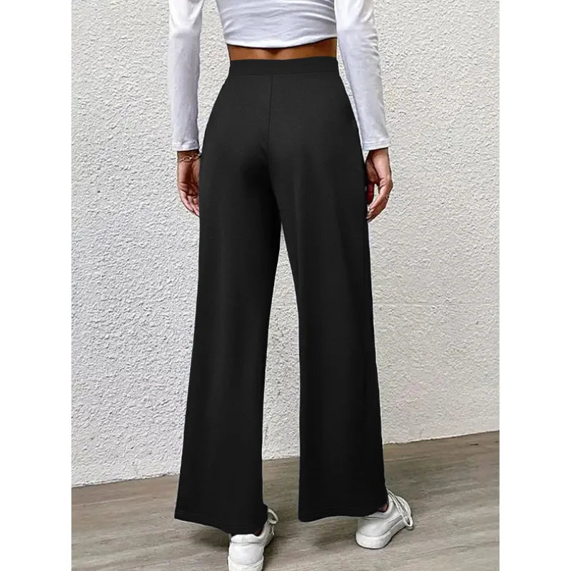 2025 Casual Straight Leg Pants Women Elastic Waist Stretchy Slimming Solid Black Office Daily Trousers