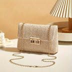 Lightweight Straw Woven Crossbody Bag with Gold Chain Strap Lock Clasp, fashion women Summer Shoulder Purse for Beach Casual