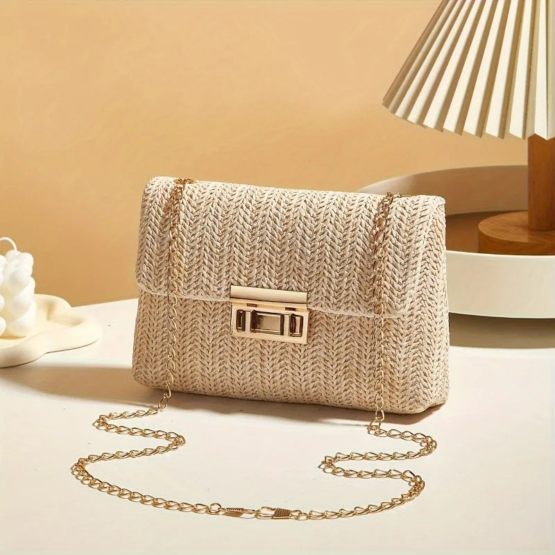 Lightweight Straw Woven Crossbody Bag with Gold Chain Strap Lock Clasp, fashion women Summer Shoulder Purse for Beach Casual
