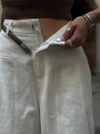 White Cotton Linen Pants Women Wide Leg Formal Trousers Summer Straight Leg Suit Pants High Waist Ladies Formal Pants Loose