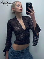 Dulzura V-Neck Long Slit Flare Sleeves Lace T-Shirt See Through Sexy Crop Top Party Clubwear Autumn Winter Y2K