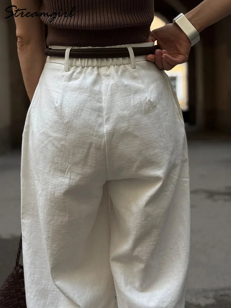 White Cotton Linen Pants Women Wide Leg Formal Trousers Summer Straight Leg Suit Pants High Waist Ladies Formal Pants Loose