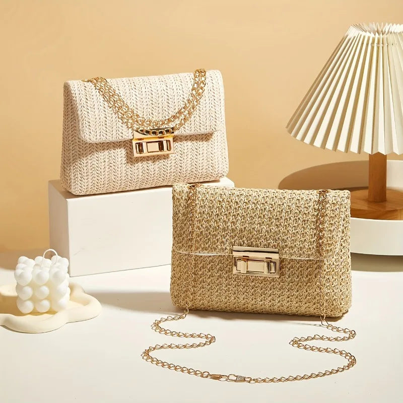 Lightweight Straw Woven Crossbody Bag with Gold Chain Strap Lock Clasp, fashion women Summer Shoulder Purse for Beach Casual