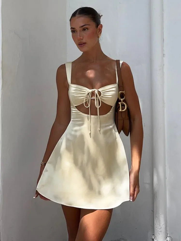 Hollow Out Bandage Sexy Mini Dress For Women 2024 Summer New Spaghetti Sleeveless Backless Bodycon Club Party Dress