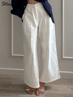 White Cotton Linen Pants Women Wide Leg Formal Trousers Summer Straight Leg Suit Pants High Waist Ladies Formal Pants Loose