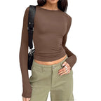 2026 Spring Autumn Women Y2K Pink T-Shirt Causal Long Sleeve Crop Tops O Neck Pullovers Base Tees Bodycon Slim Fit T Shirt